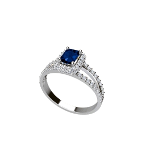 Anillo clásico circonitas / Rectangulo 10 x 7 mm / Circonita central color zafiro / Plata rodiada