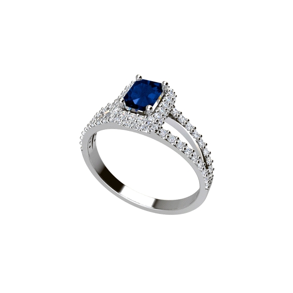 Anillo clásico circonitas / Rectangulo 10 x 7 mm / Circonita central color zafiro / Plata rodiada