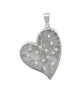 Colgante corazón circonitas / Alto sin contar asa 30 mm / Ancho máximo 25 mm / Fondo nacar / Plata rodiada