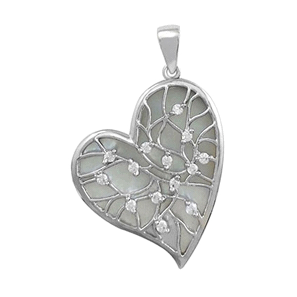 Colgante corazón circonitas / Alto sin contar asa 30 mm / Ancho máximo 25 mm / Fondo nacar / Plata rodiada