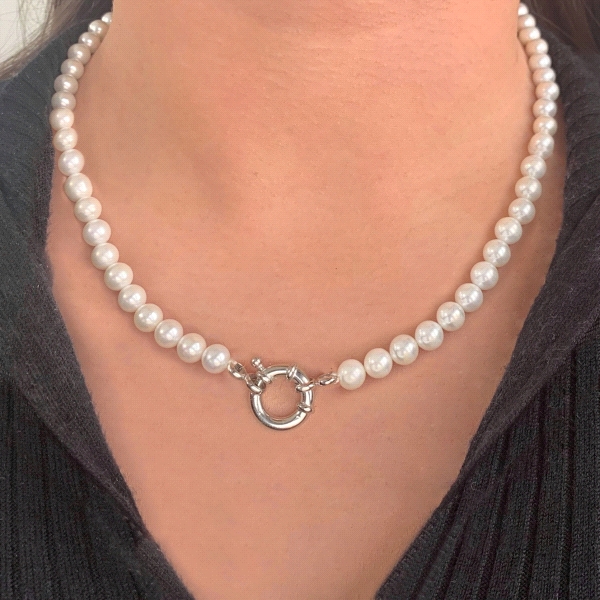 COLLAR PERLAS SHELL 6 MM PLATA 1ª LEY 45