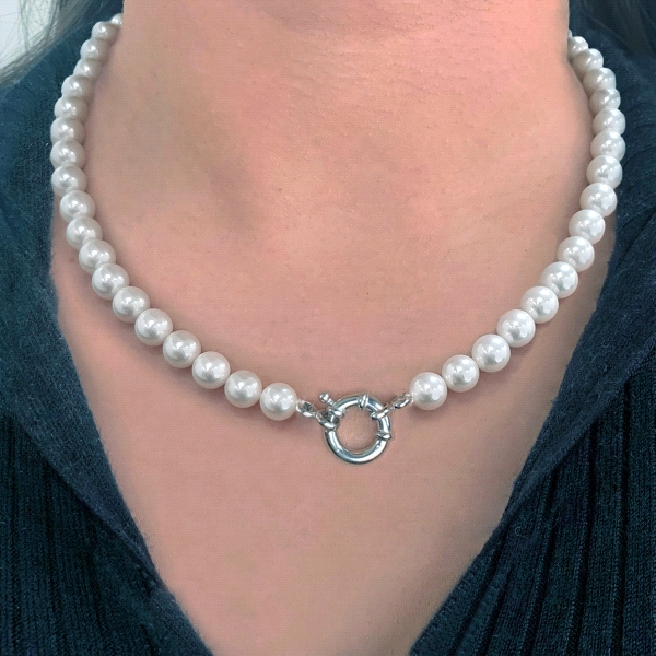 COLLAR PERLAS SHELL 8 MM PLATA 1ª LEY 45