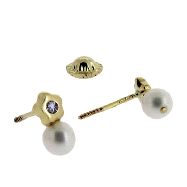 PENDIENTE FLOR PERLA ORO 18 KTES. 4 MM.