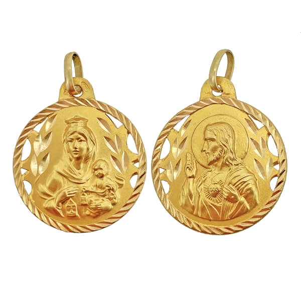 Medalla escapulario calado / Vírgen del Carmen y Sagrado Corazón / Diámetro 22 mm / Regalo comunión niño.