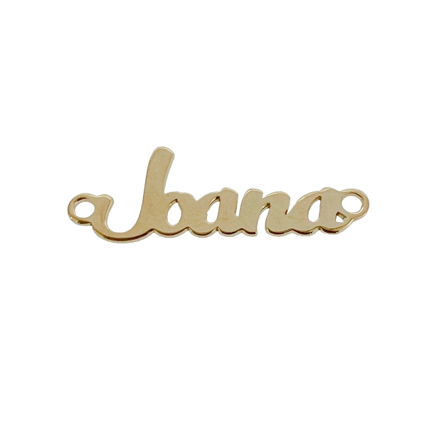 Letrero Joana brillo para montar collar cadena / Alto letra 10 mm / Letra pequeña 5 mm / Ancho 28 mm / Grueso 0.80 mm