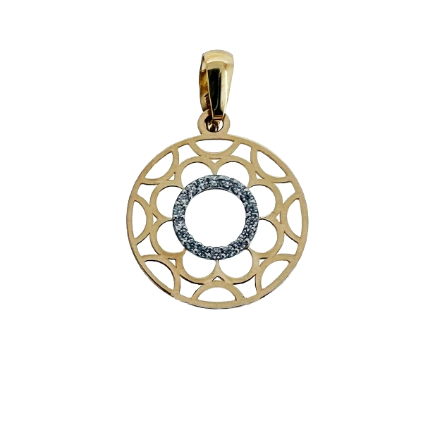 Colgante redondo mujer juvenil / Oro bicolor rodiado circonitas / Diámetro 15.40 mm / Círculo pequeño 7.30 mm