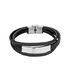 PULSERA ACERO HOMBRE CUERO NEGRO 21 CM.