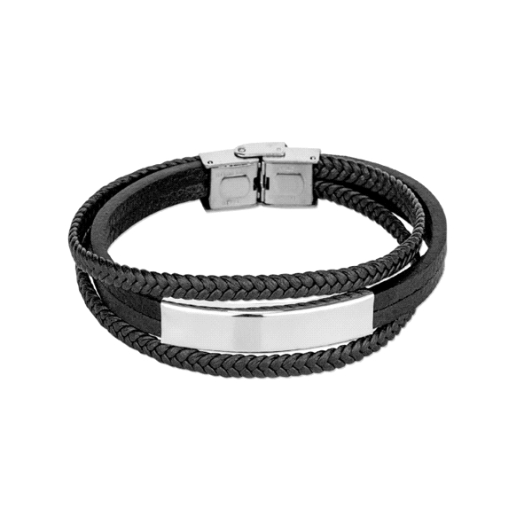 PULSERA ACERO HOMBRE CUERO NEGRO 21 CM.