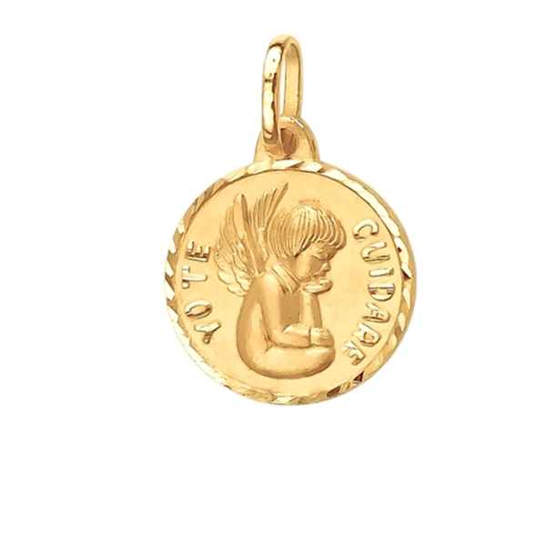 COLGANTE MEDALLA RECIÉN YO TE CUIDARE ORO 18 KTES. 13 MM. CERCO TALLADO