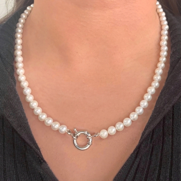 COLLAR PERLAS SHELL 6 MM PLATA 1ª LEY 50                                                            