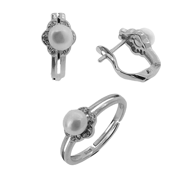 PENDIENTE COMUNION Y ANILLO PERLA PLATA