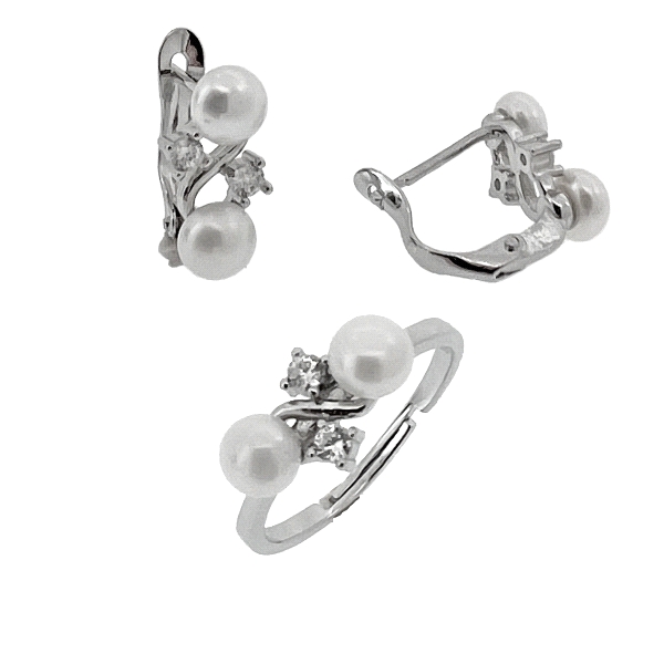 PENDIENTE COMUNION Y ANILLO PERLA PLATA