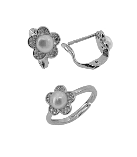 PENDIENTE COMUNION Y ANILLO PERLA PLATA
