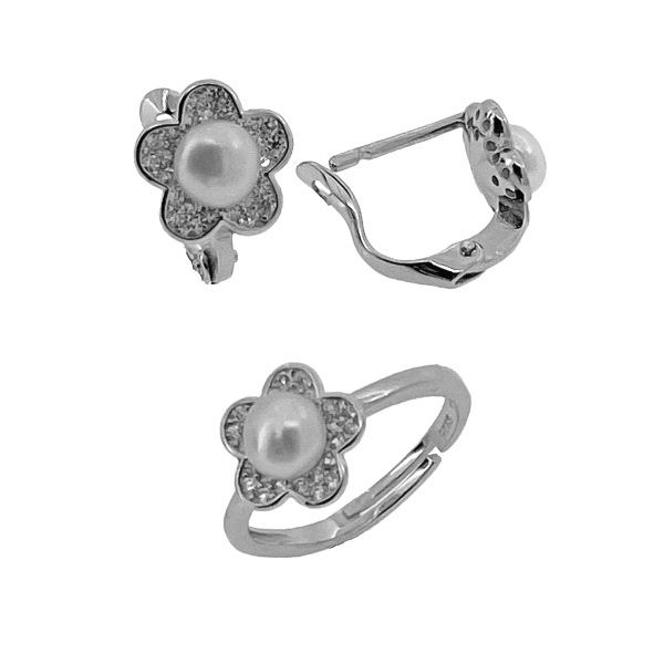 PENDIENTE COMUNION Y ANILLO PERLA PLATA